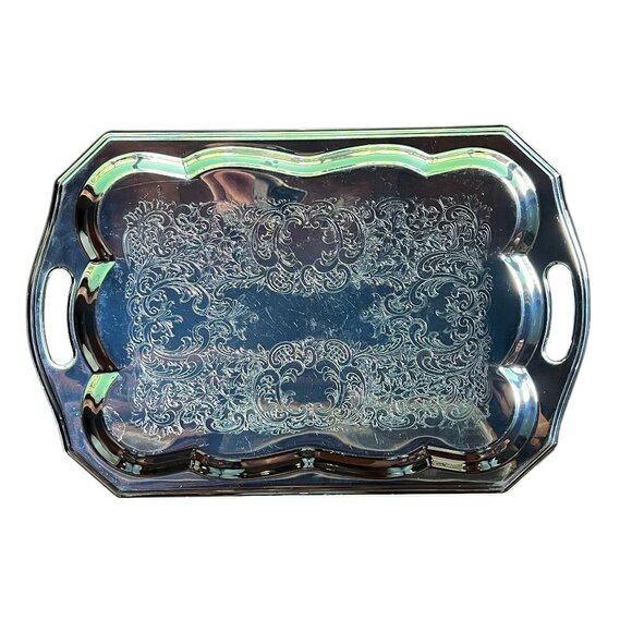 Vintage Silver Plated Etched Serving Tray with Handles, 18" x 12" - Picture 6 of 6